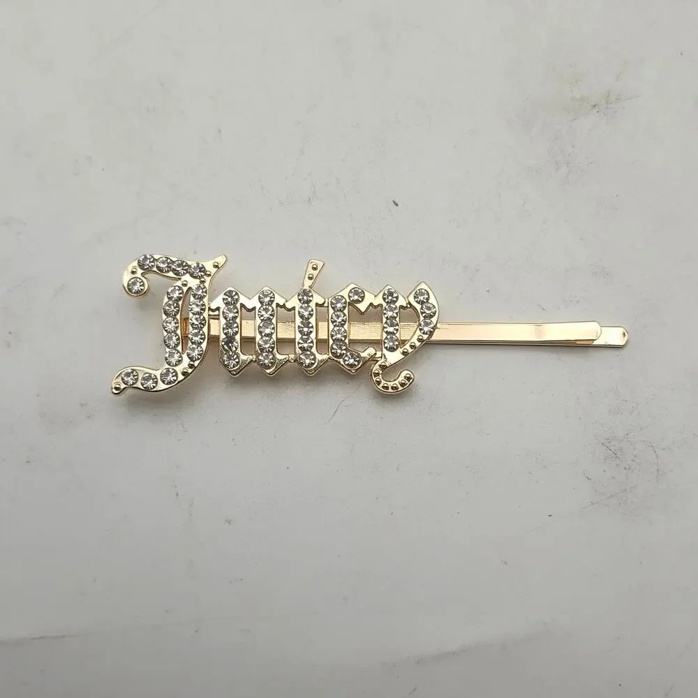 Juicy Rhinestone Hair Clip Gold Tone Gothic Script Barrette Bobby Pin Accessory